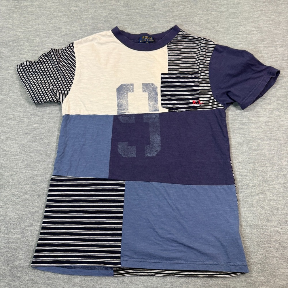 Polo Ralph Lauren Patchwork T-Shirt Boys‎ L Blue White Striped Nautical Style